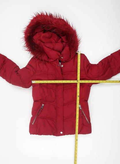 Bershka Women Red Size S Puffer Jacket Hooded Faux Fur Trim