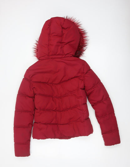 Bershka Women Red Size S Puffer Jacket Hooded Faux Fur Trim