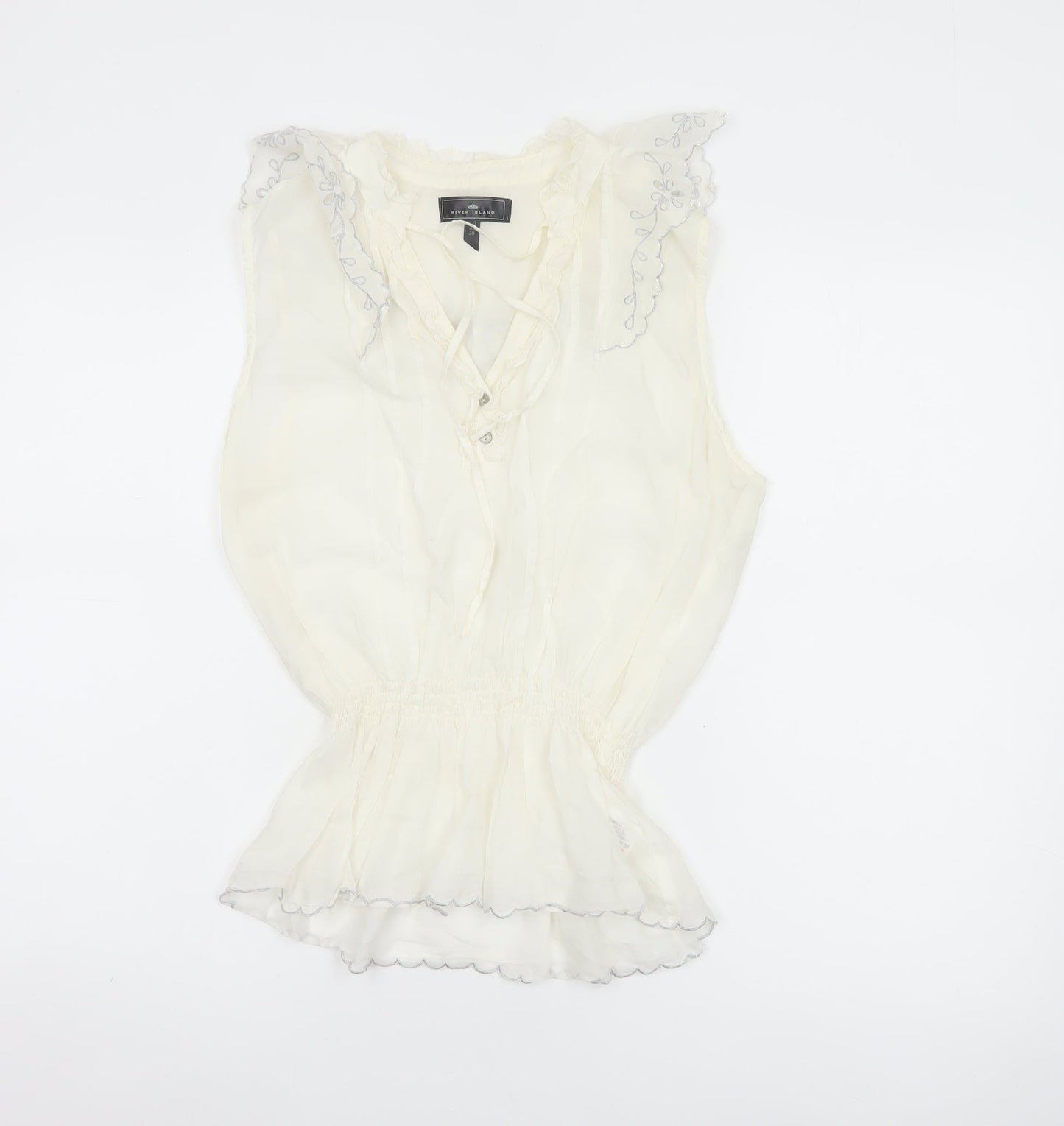 River Island Women Ivory UK 12 Floral Ruffle V-Neck Tunic Blouse