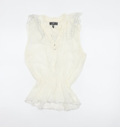 River Island Women Ivory UK 12 Floral Ruffle V-Neck Tunic Blouse