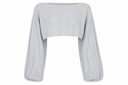 Lasula Women Grey S Cropped Square Neck Knit Jumper Bell Sleeve