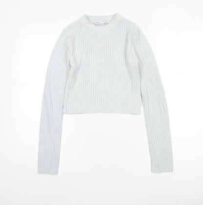 Bershka Women Grey S Ribbed Mock Neck Slim Knit Pullover Jumper