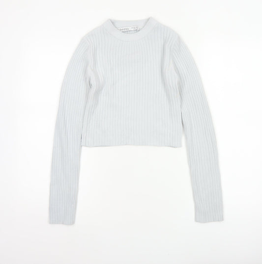 Bershka Women Grey S Ribbed Mock Neck Slim Knit Pullover Jumper