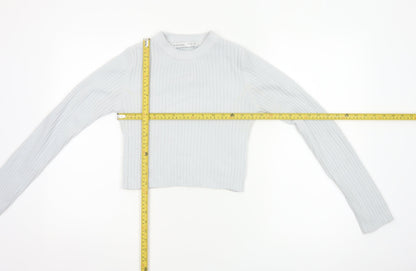 Bershka Women Grey S Ribbed Mock Neck Slim Knit Pullover Jumper