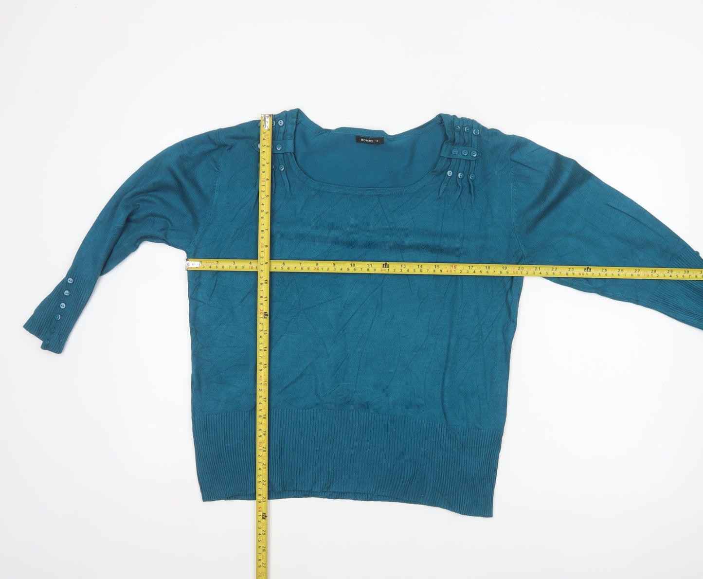 Roman Women’s Blue Size 14 Button Detail Scoop Neck Knit Jumper