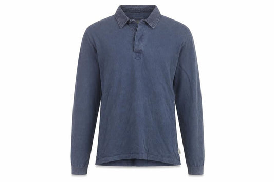 Front view of Howies Men's Blue M Long Sleeve Collared Polo Shirt