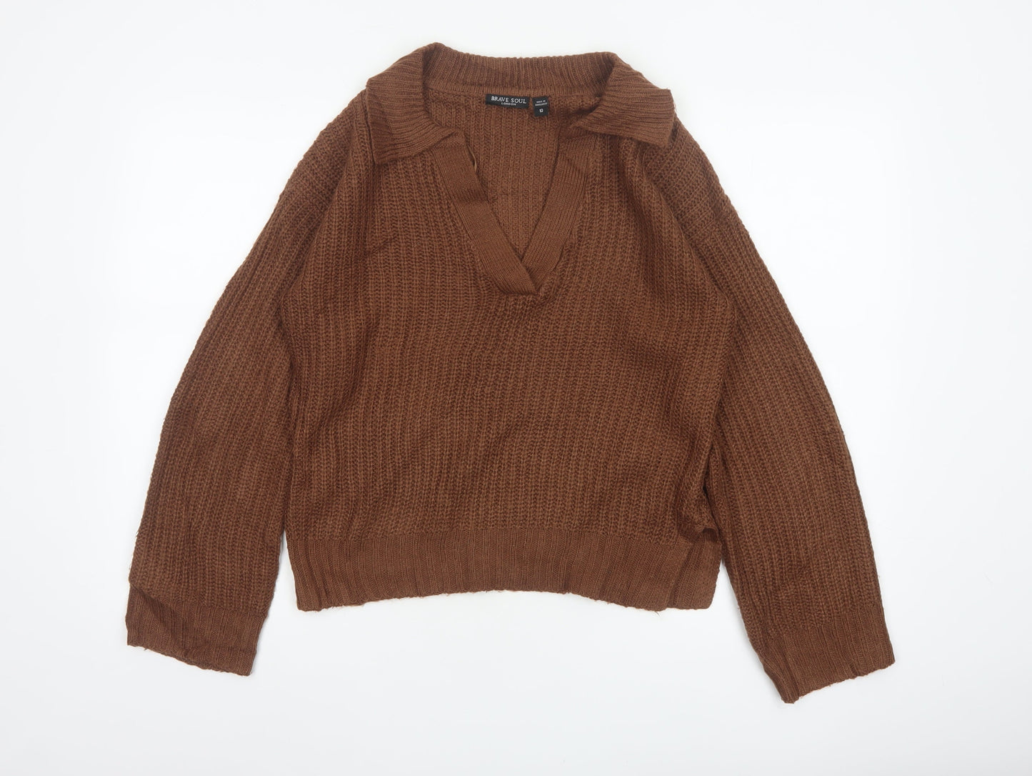 Brave Soul Women’s Brown Size 10 Chunky Knit Collared V-Neck Jumper