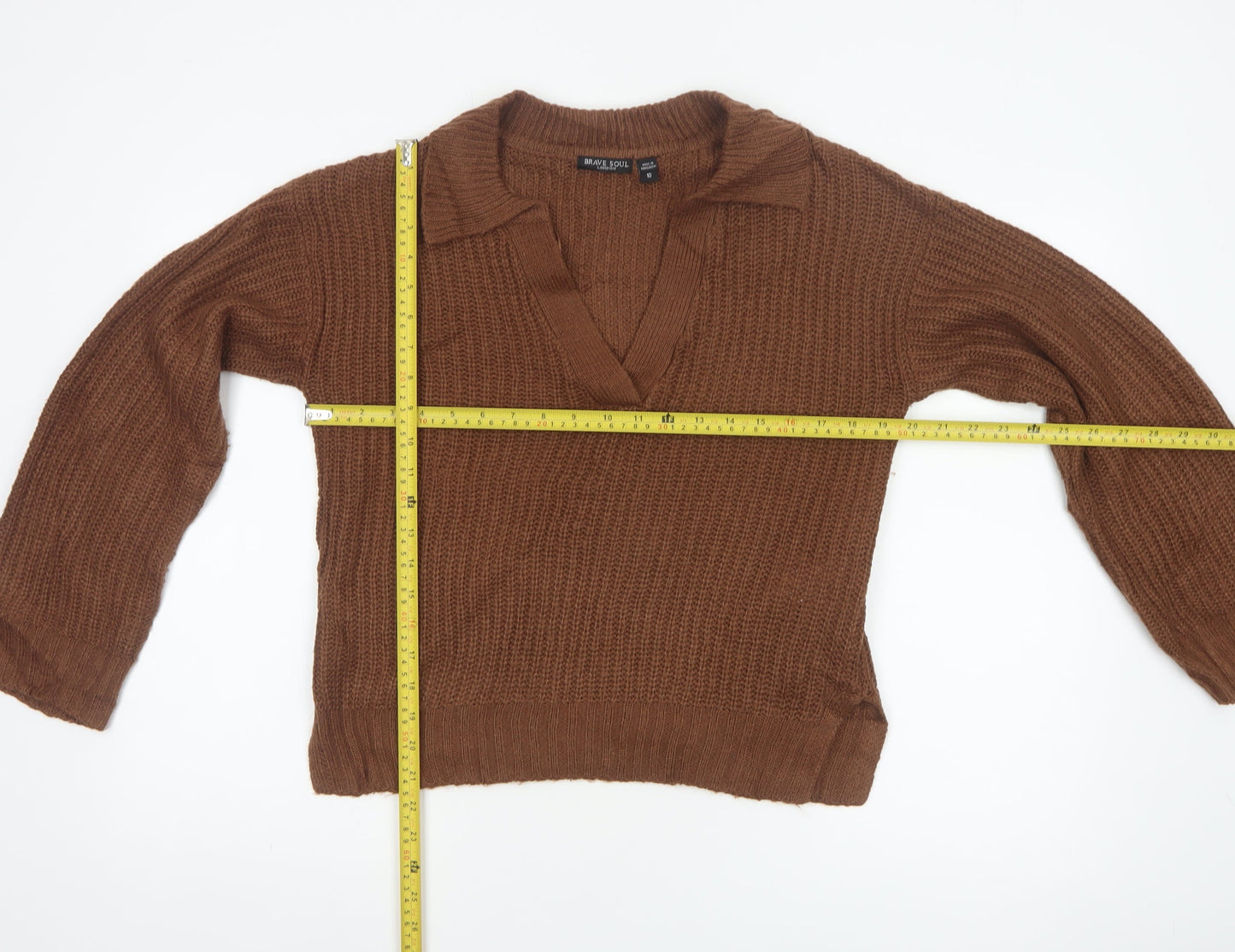 Brave Soul Women’s Brown Size 10 Chunky Knit Collared V-Neck Jumper
