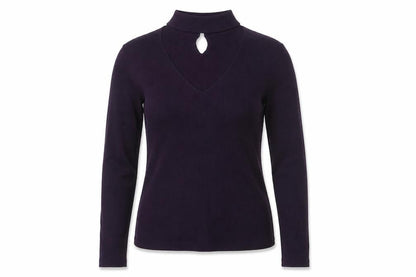 Oasis Women Purple M Rib Knit High Neck V-Neck Slim Jumper
