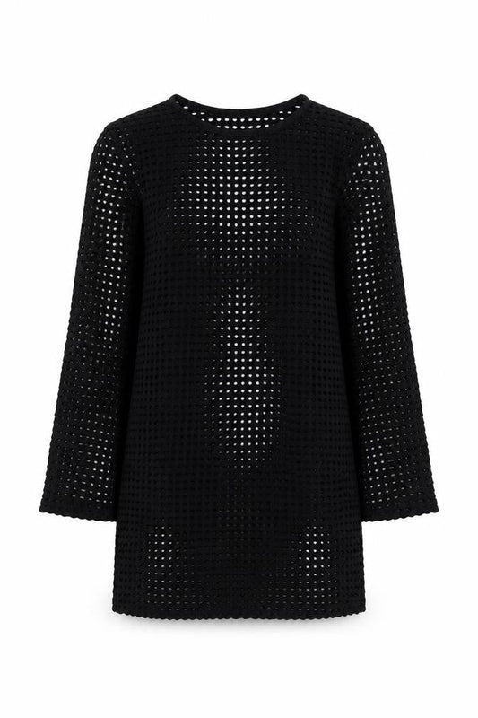 Mango Women Black UK 12 Crochet Knit Shift Dress Bell Sleeve