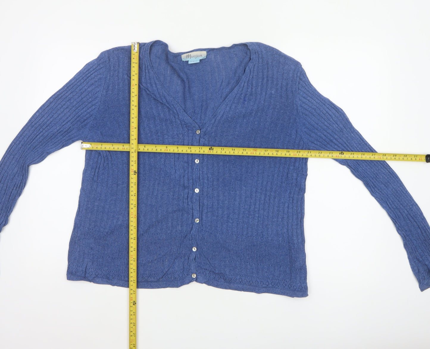 Monsoon Women Blue V-Neck Button Knit Cardigan UK 14 Cotton Viscose