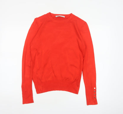 Zara Women Red UK 12 Round Neck Knit Pullover Button Cuff Jumper