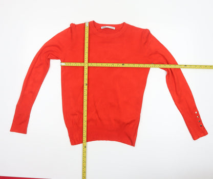 Zara Women Red UK 12 Round Neck Knit Pullover Button Cuff Jumper