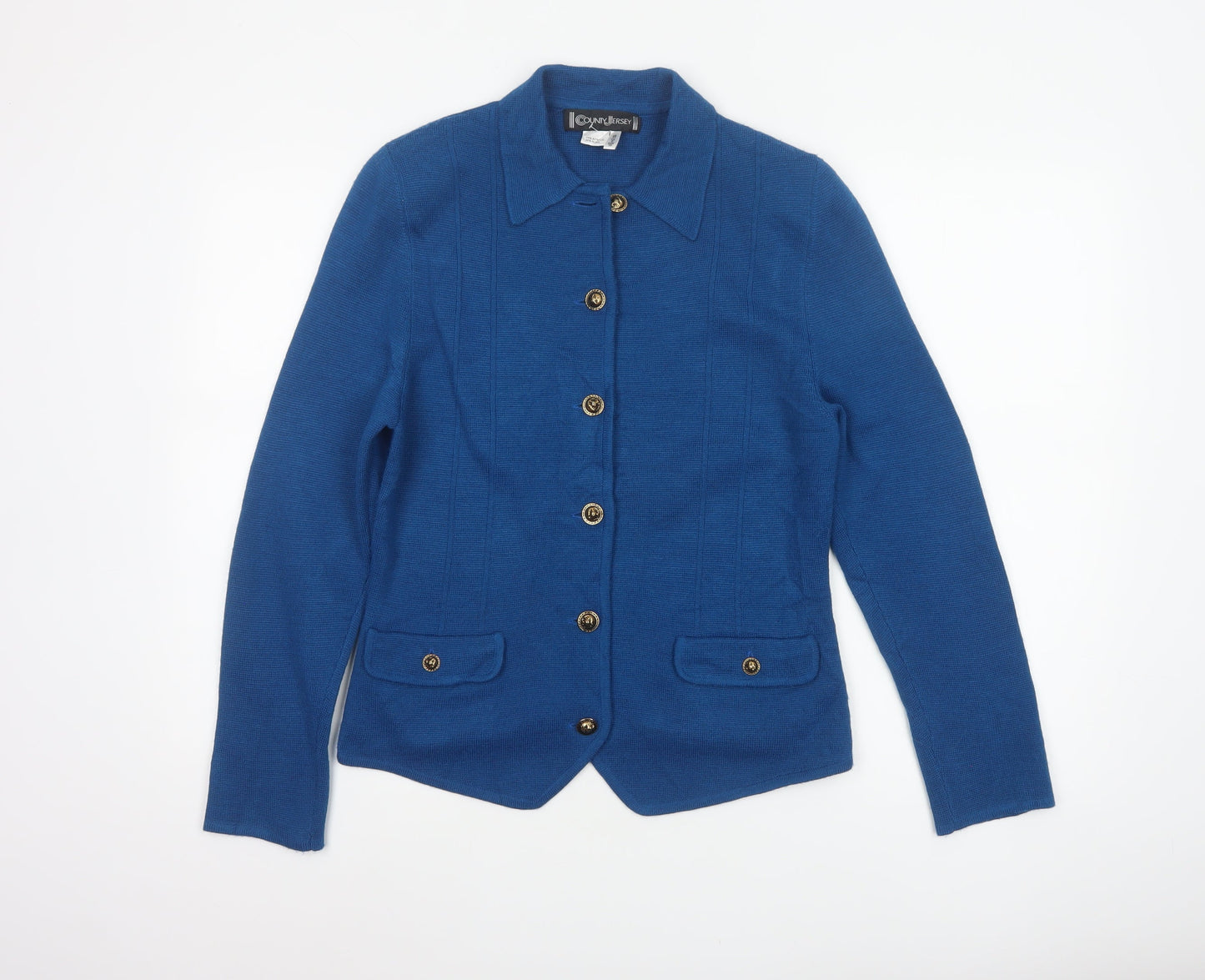 County Jersey Women’s Blue UK 10 Collared Button Knit Cardigan Pockets