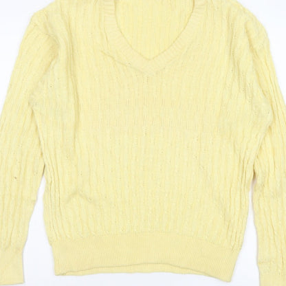 ROBRIGU Women’s Yellow Cable Knit V-Neck Pullover Jumper UK 16