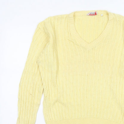 ROBRIGU Women’s Yellow Cable Knit V-Neck Pullover Jumper UK 16