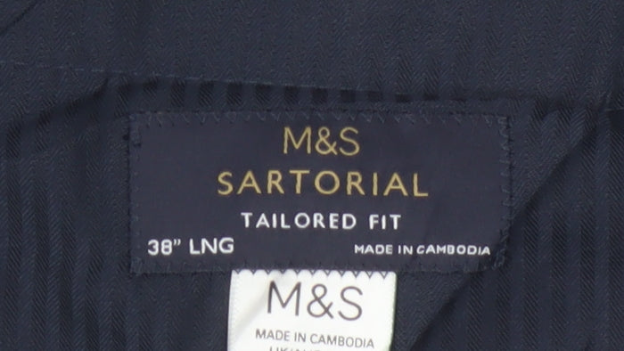 M&S Sartorial Men's Blue 38 Long Tailored Fit Wool Dress Trousers