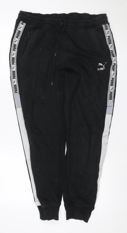 Puma Men Black L Track Pants Joggers Logo Tape Elastic Waist
