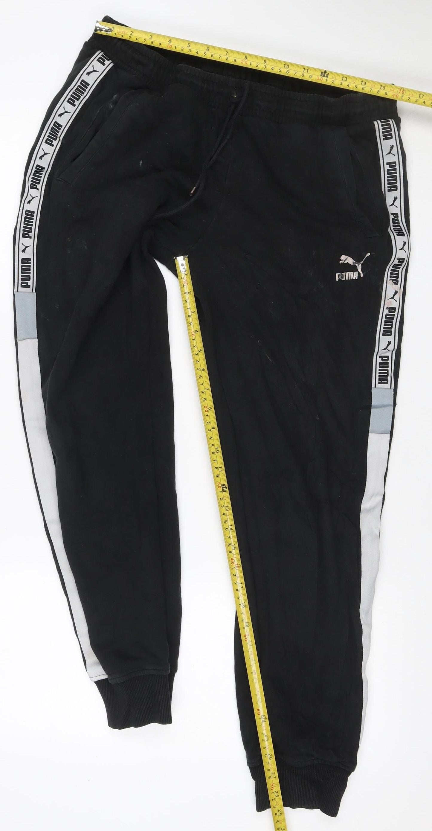 Puma Men Black L Track Pants Joggers Logo Tape Elastic Waist