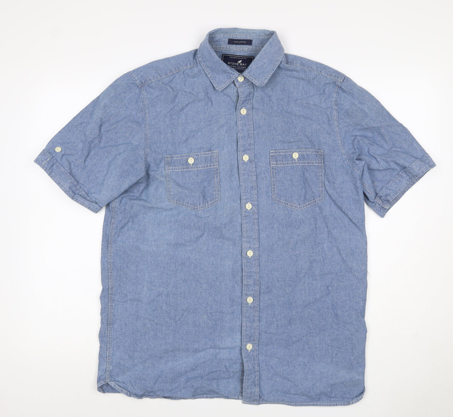 Stone Bay Men’s Blue M Cotton Chambray Short Sleeve Button-Up Shirt