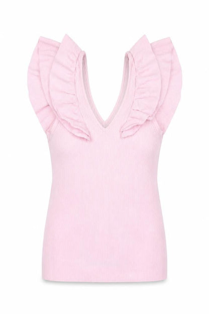River Island Women Pink Size 10 Rib Knit Ruffle V-Neck Top