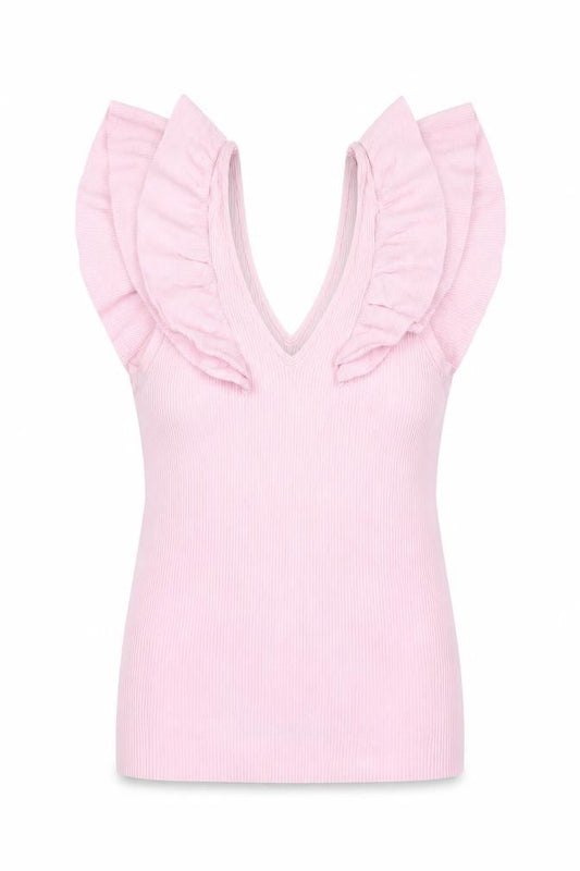 River Island Women Pink Size 10 Rib Knit Ruffle V-Neck Top