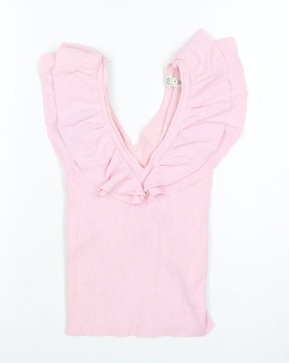 River Island Women Pink Size 10 Rib Knit Ruffle V-Neck Top
