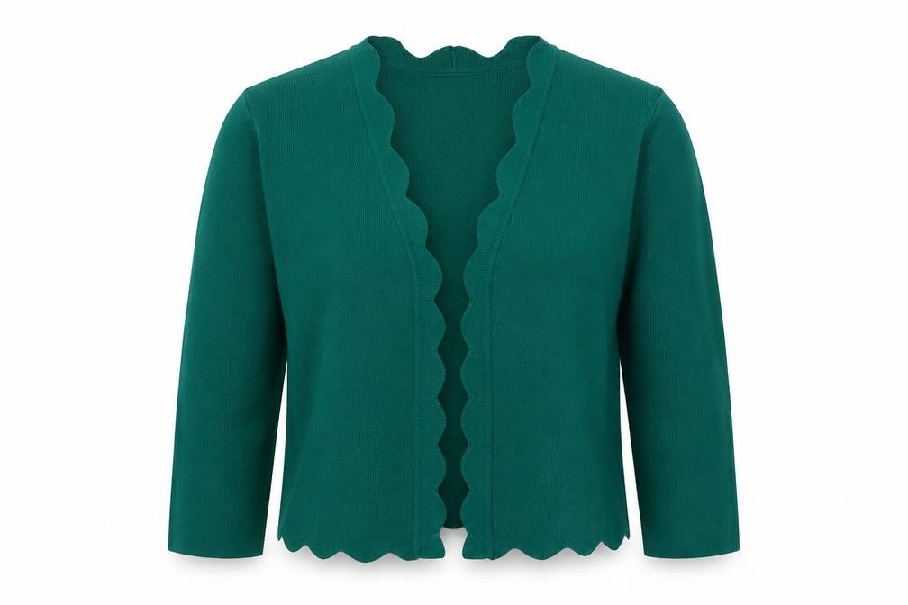 Front view of Soon Women Green L Open Scallop Edge Knit Cardigan Long Sleeve