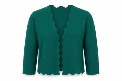 Front view of Soon Women Green L Open Scallop Edge Knit Cardigan Long Sleeve