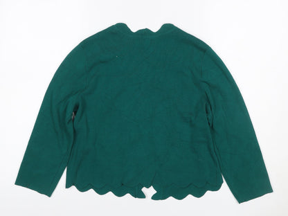 Soom Women Green L Open Scallop Edge Knit Cardigan Long Sleeve