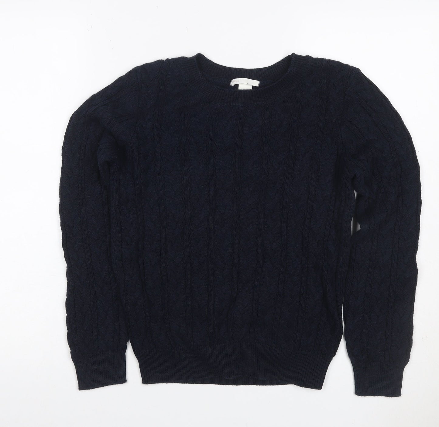 Basic Women’s Blue S Cable Knit Crew Neck Cotton Pullover Jumper