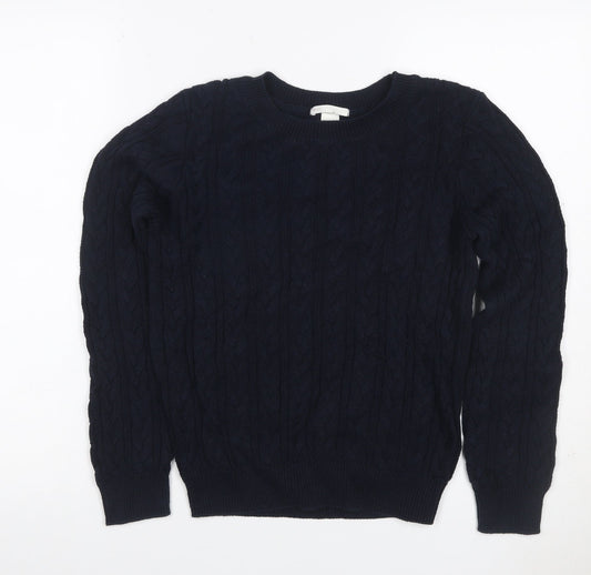 Basic Women’s Blue S Cable Knit Crew Neck Cotton Pullover Jumper