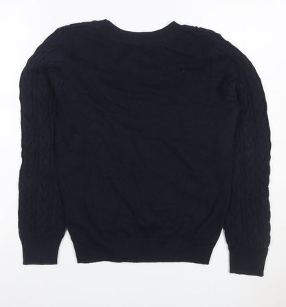 Basic Women’s Blue S Cable Knit Crew Neck Cotton Pullover Jumper