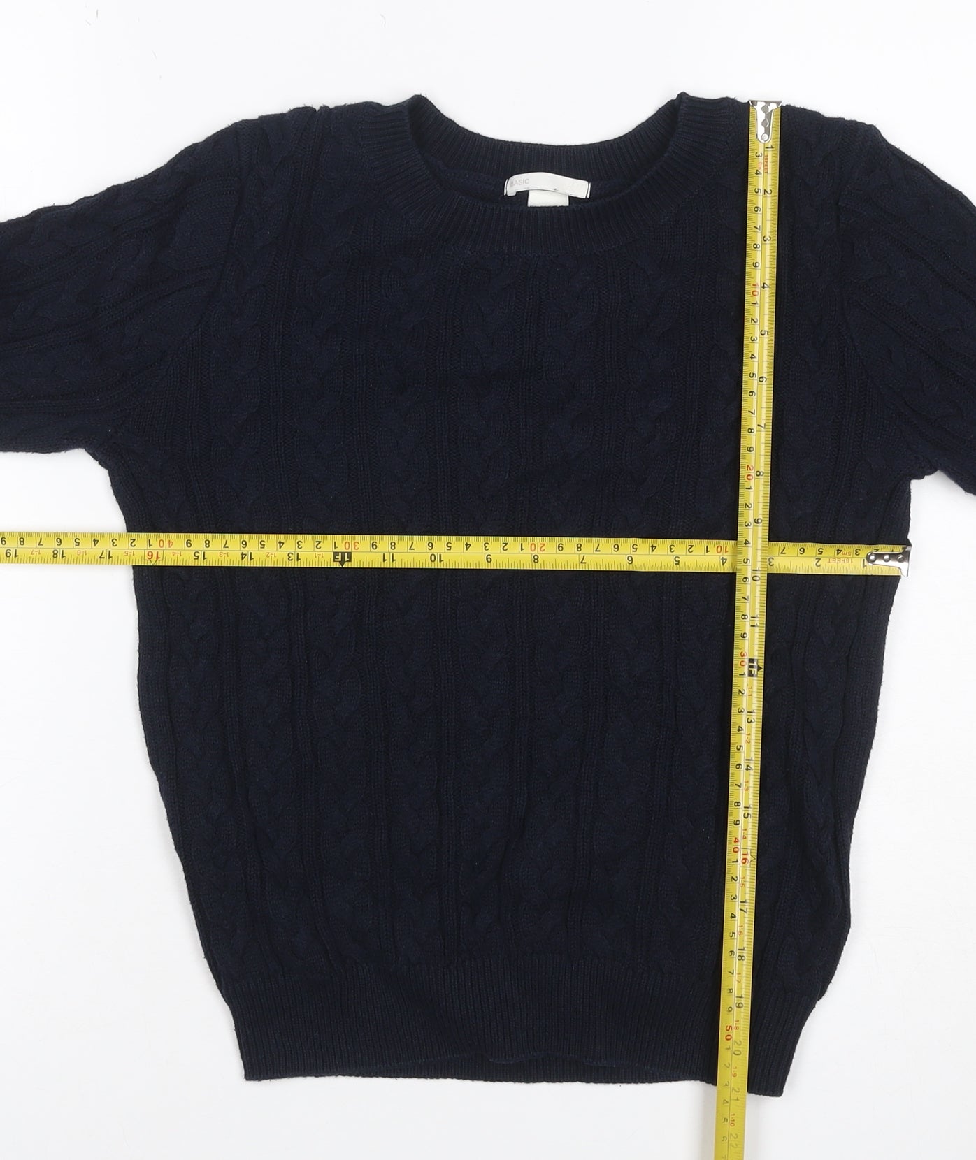 Basic Women’s Blue S Cable Knit Crew Neck Cotton Pullover Jumper