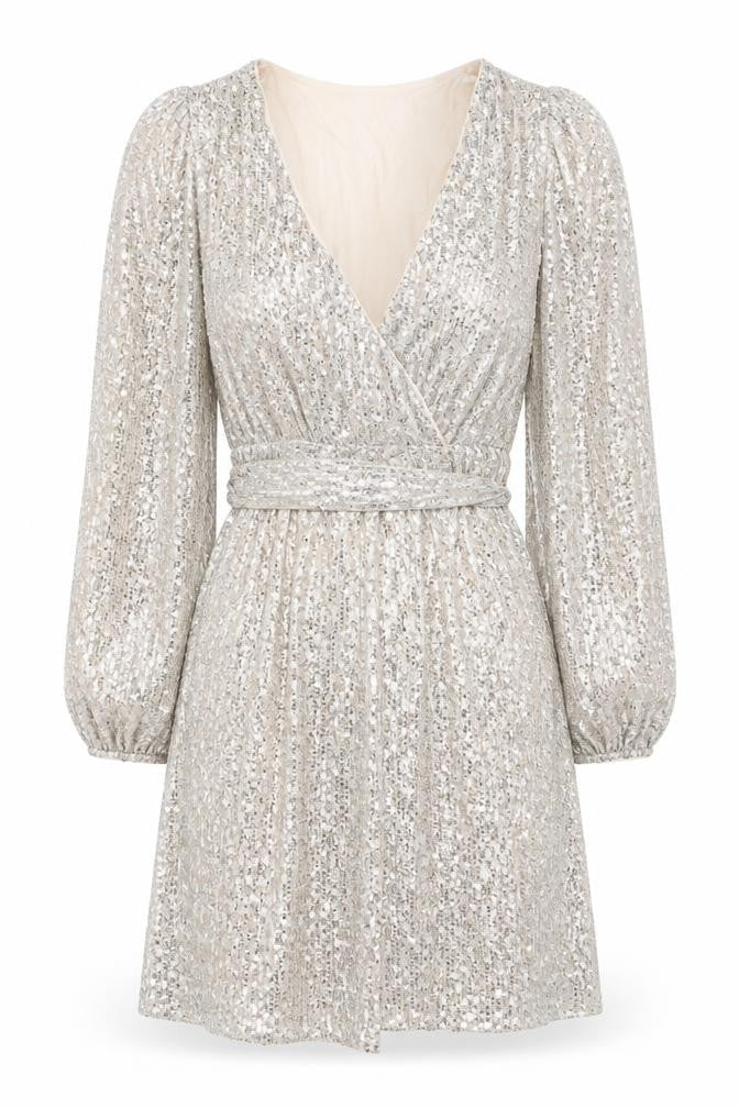Apricot Women Silver Sequin Wrap Dress UK 10 Long Balloon Sleeve