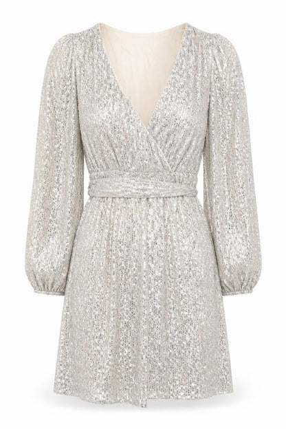Apricot Women Silver Sequin Wrap Dress UK 10 Long Balloon Sleeve