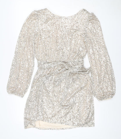 Apricot Women Silver Sequin Wrap Dress UK 10 Long Balloon Sleeve