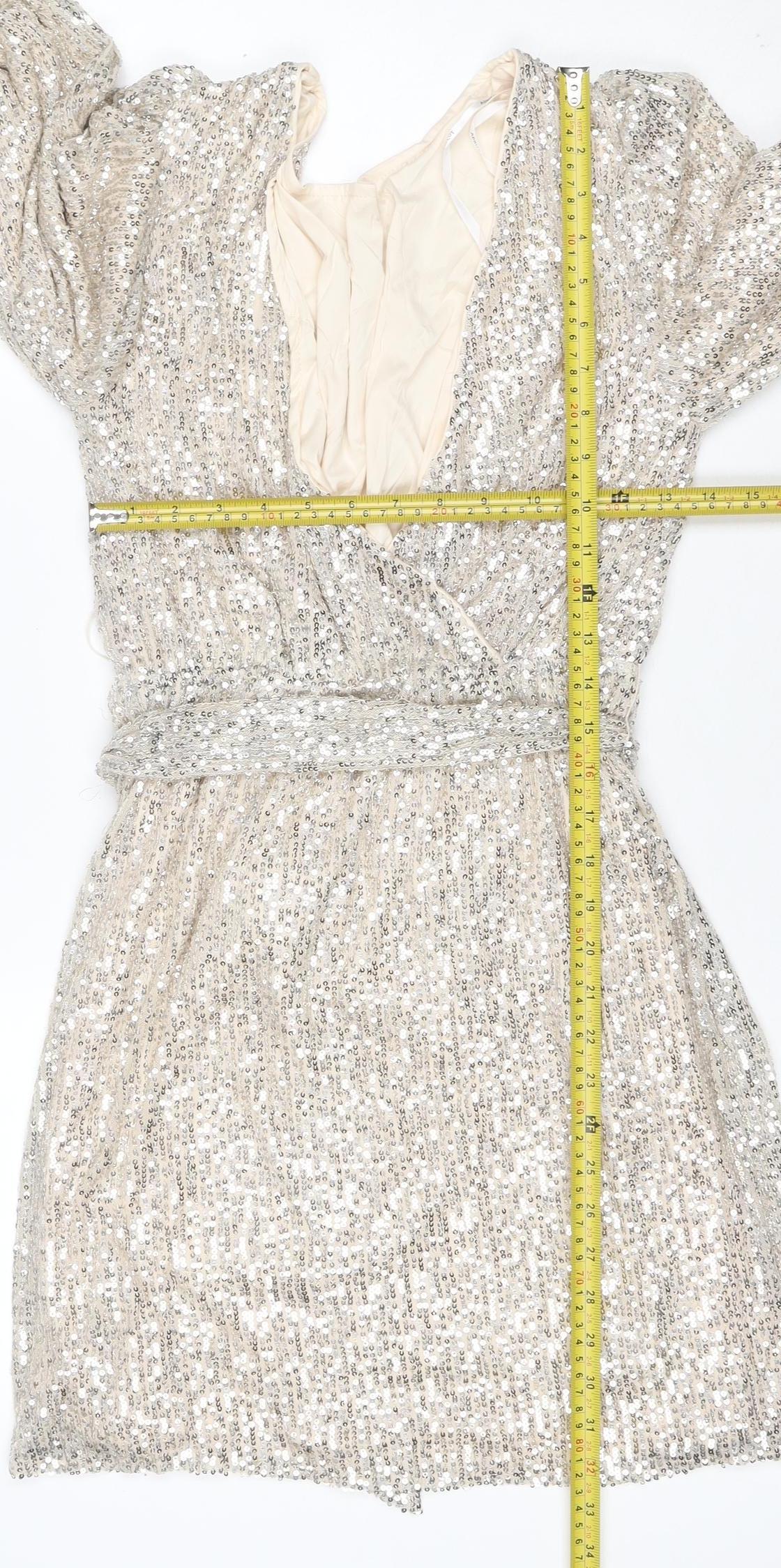Apricot Women Silver Sequin Wrap Dress UK 10 Long Balloon Sleeve