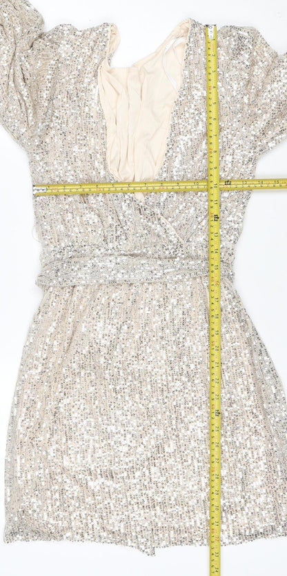 Apricot Women Silver Sequin Wrap Dress UK 10 Long Balloon Sleeve