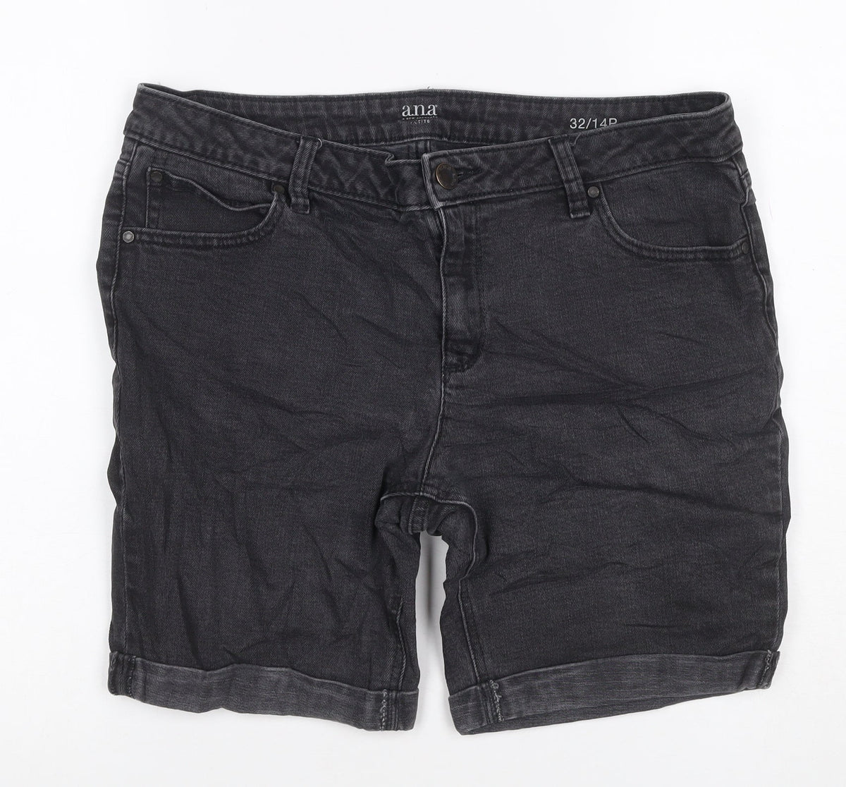 ANA Women’s Black Denim Bermuda Shorts UK 14 Petite 32in Waist Cuffed