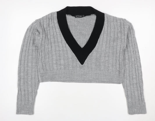 PrettyLittleThing Women’s Grey S Cable Knit V-Neck Cropped Jumper