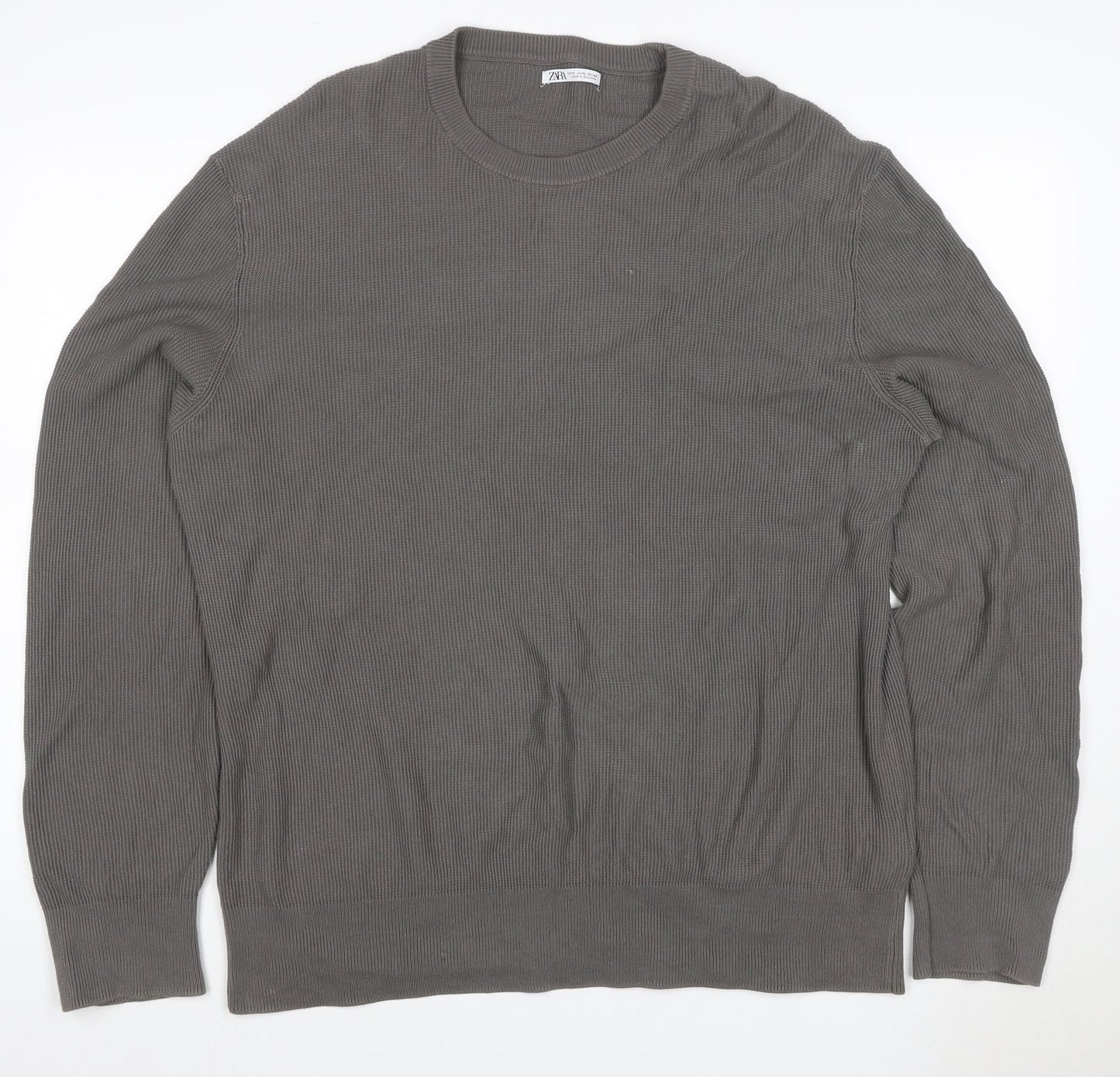 Zara Men Grey XL Cotton Crew Neck Fine Knit Pullover Jumper