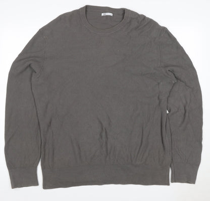 Zara Men Grey XL Cotton Crew Neck Fine Knit Pullover Jumper