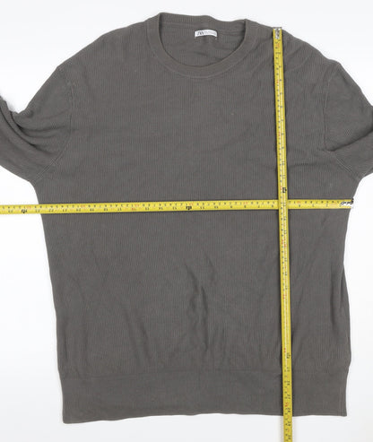 Zara Men Grey XL Cotton Crew Neck Fine Knit Pullover Jumper