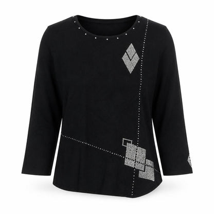 Sopian Women Black S/M Rhinestone Geometric Long Sleeve Pullover Jumper