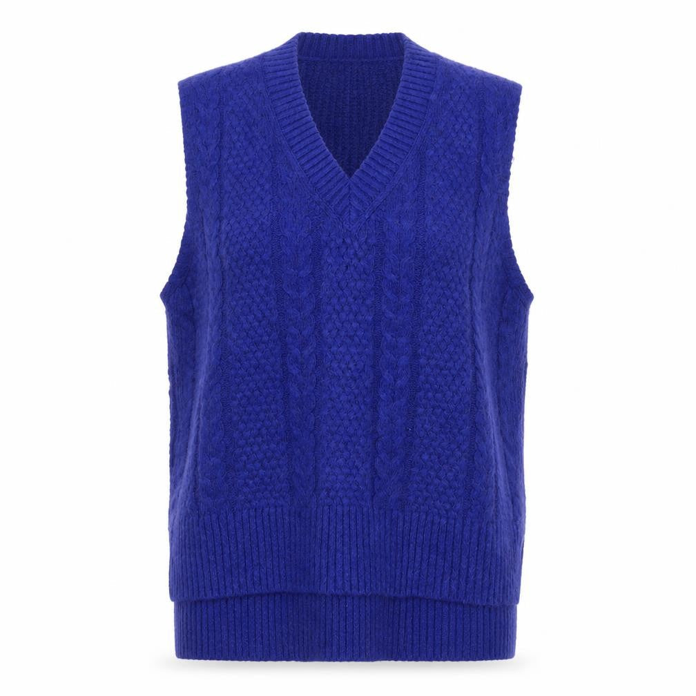 Marks and Spencer Women Blue L Cable Knit V-Neck Sleeveless Jumper Vest