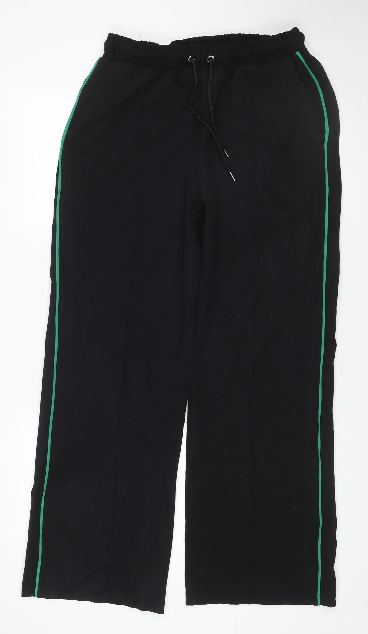 Next Women’s Black UK 12 Wide-Leg Drawstring Trousers Green Piping