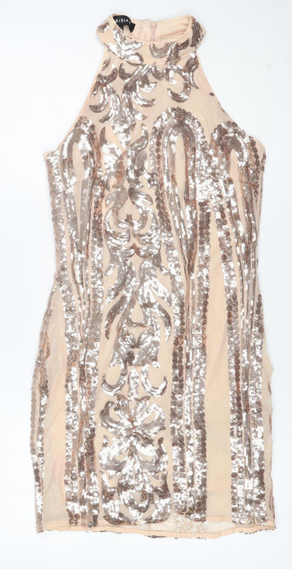 Parisian Women Beige Sequin Floral Bodycon Mini Party Dress UK 10