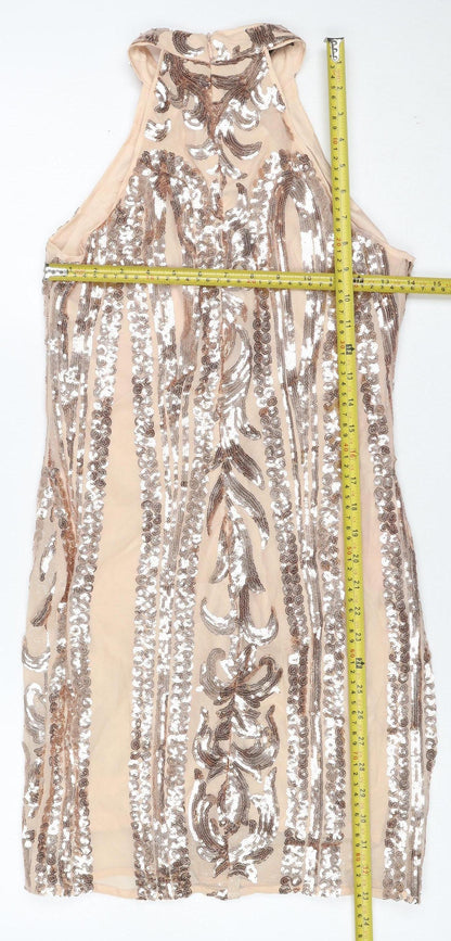 Parisian Women Beige Sequin Floral Bodycon Mini Party Dress UK 10