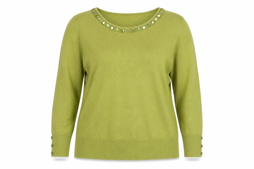 Per Una Women Green Size 14 Cotton Jewel Neck 3/4 Sleeve Pullover Jumper